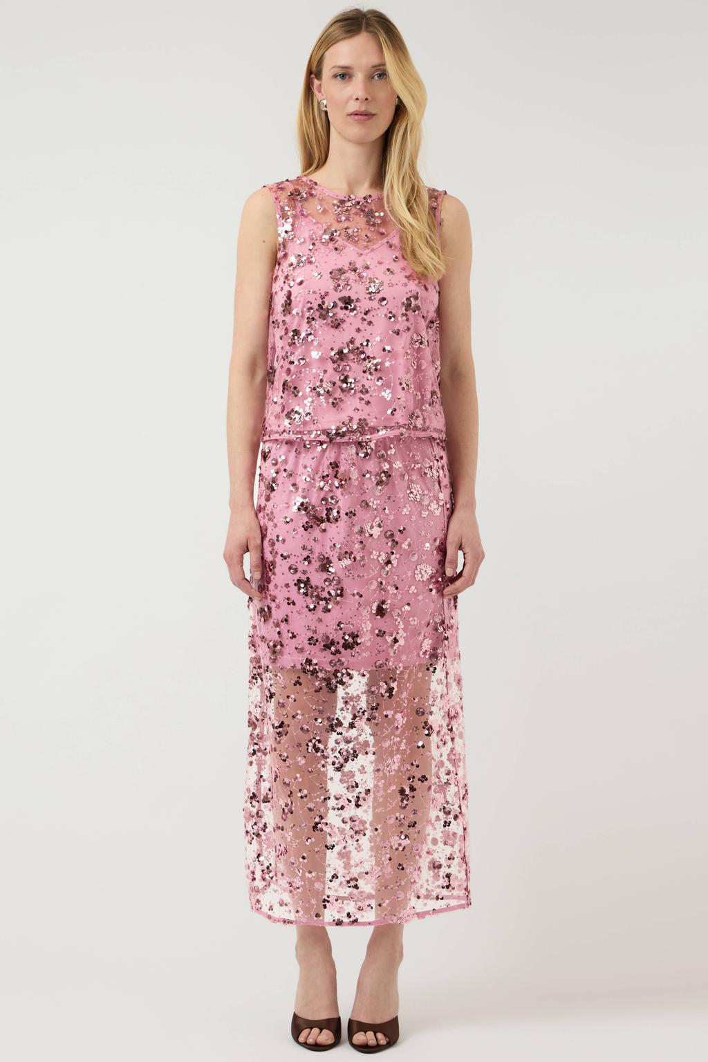 Roze dames YAS top van polyester met effen, ronde hals en pailletten