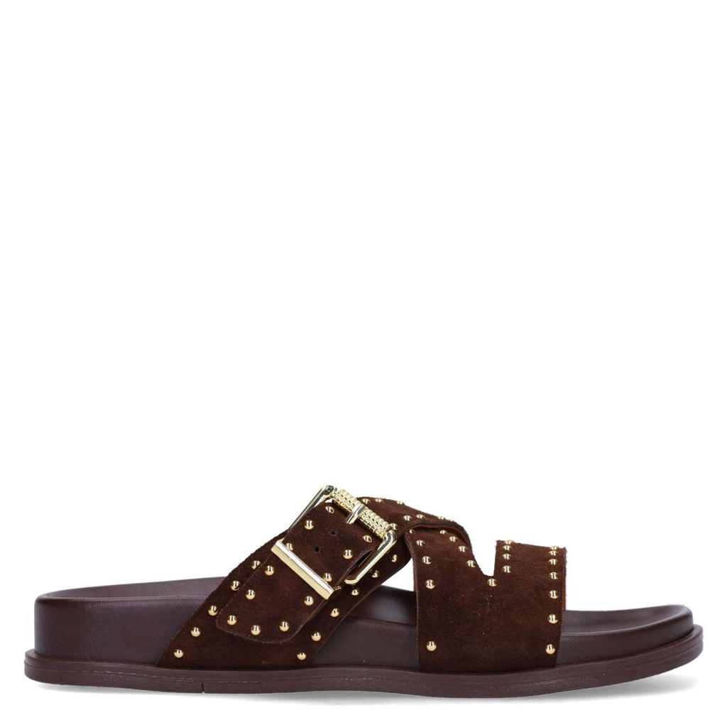 Bruine dames Manfield suède slippers met gesp