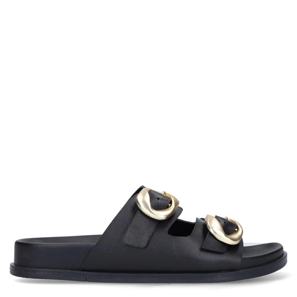 Zwarte dames Manfield leren slippers met gesp