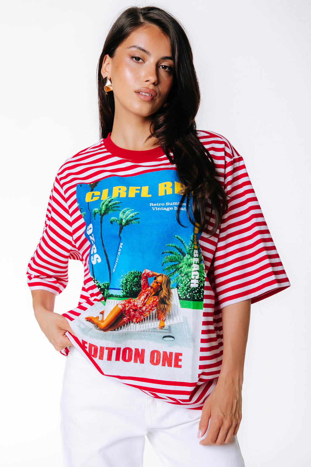 Rood en ecru dames Colourful Rebel oversized gestreept T-shirt van katoen met printopdruk, korte mouwen en ronde hals