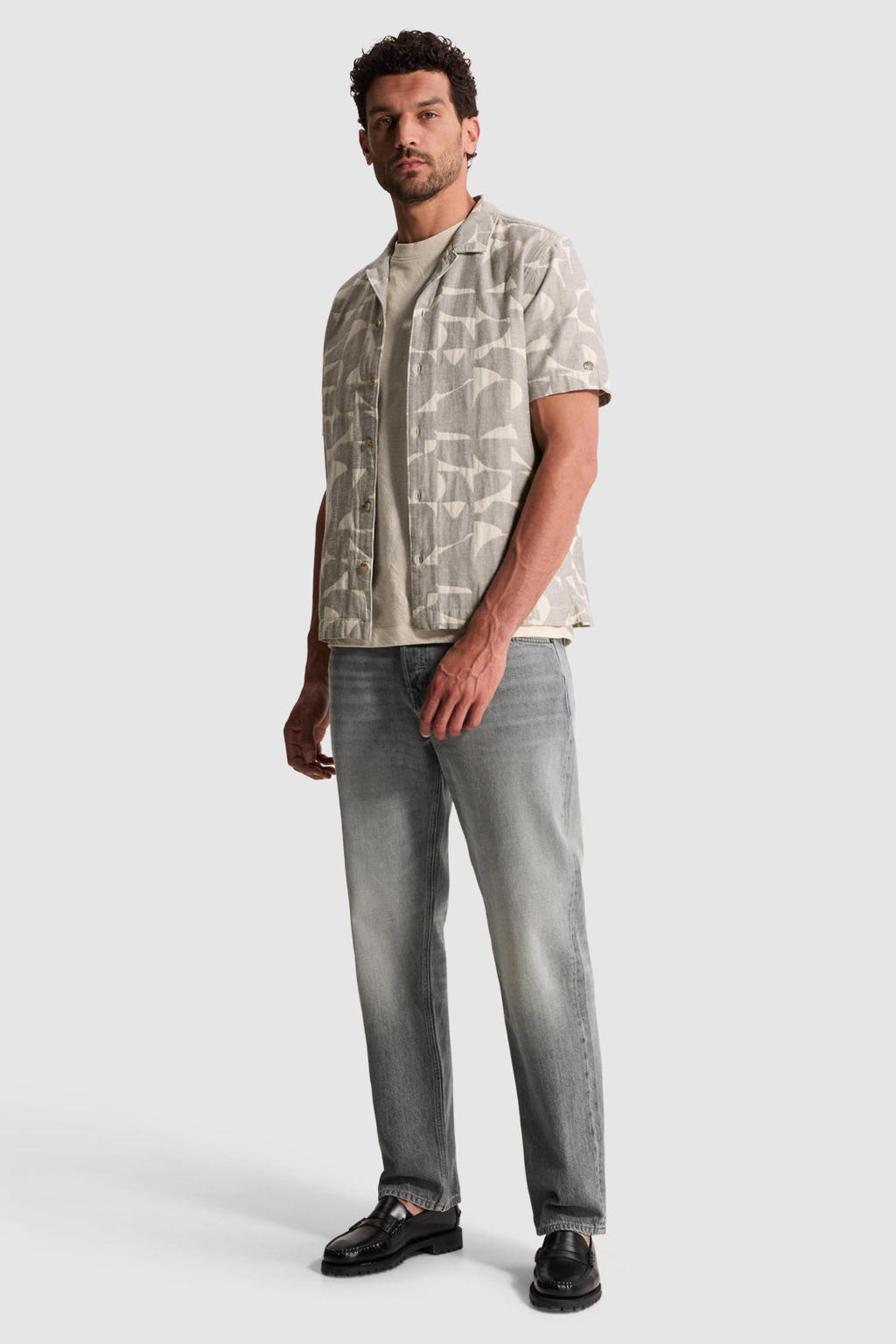 Grijze heren Cast Iron regular casual overhemd van katoen met korte mouwen, reverskraag en knoopsluiting