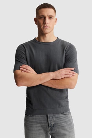 regular T-shirt met linnen fijn gebreid grijsblauw