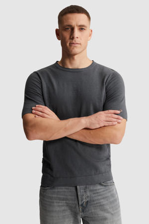 regular T-shirt met linnen fijn gebreid grijsblauw