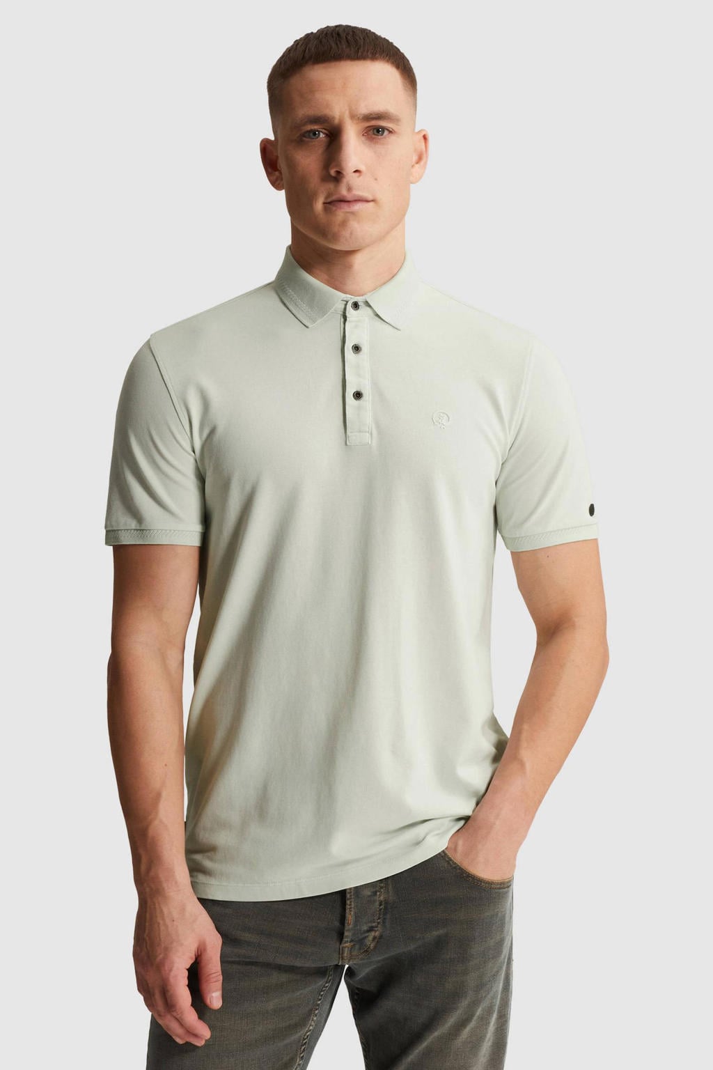 Lichtgroene heren Cast Iron regular polo van katoen met effen, korte mouwen, knoopsluiting en geribde boorden