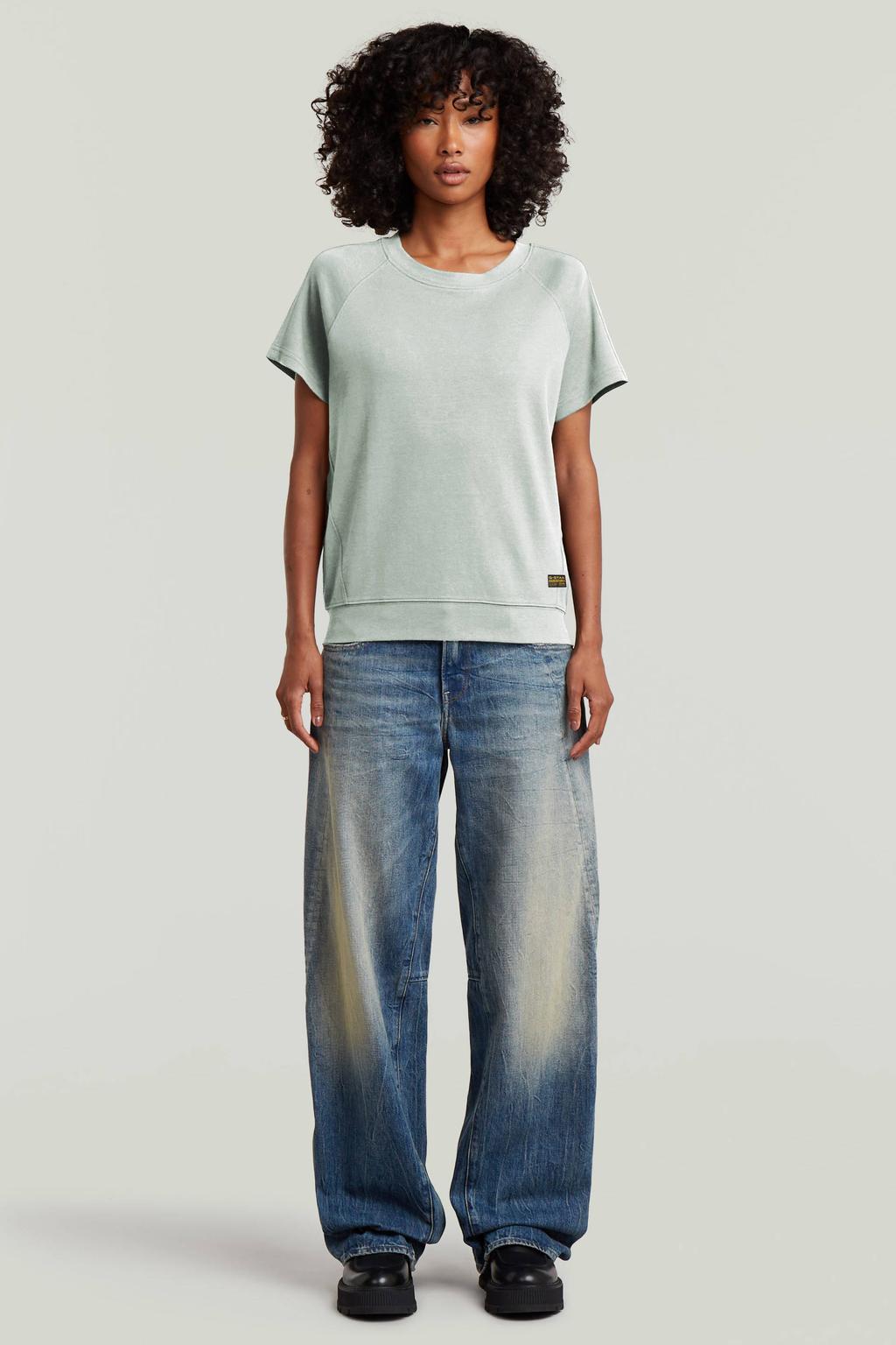 Turquoise dames G-STAR top met effen, korte mouwen, ronde hals en elastische boord