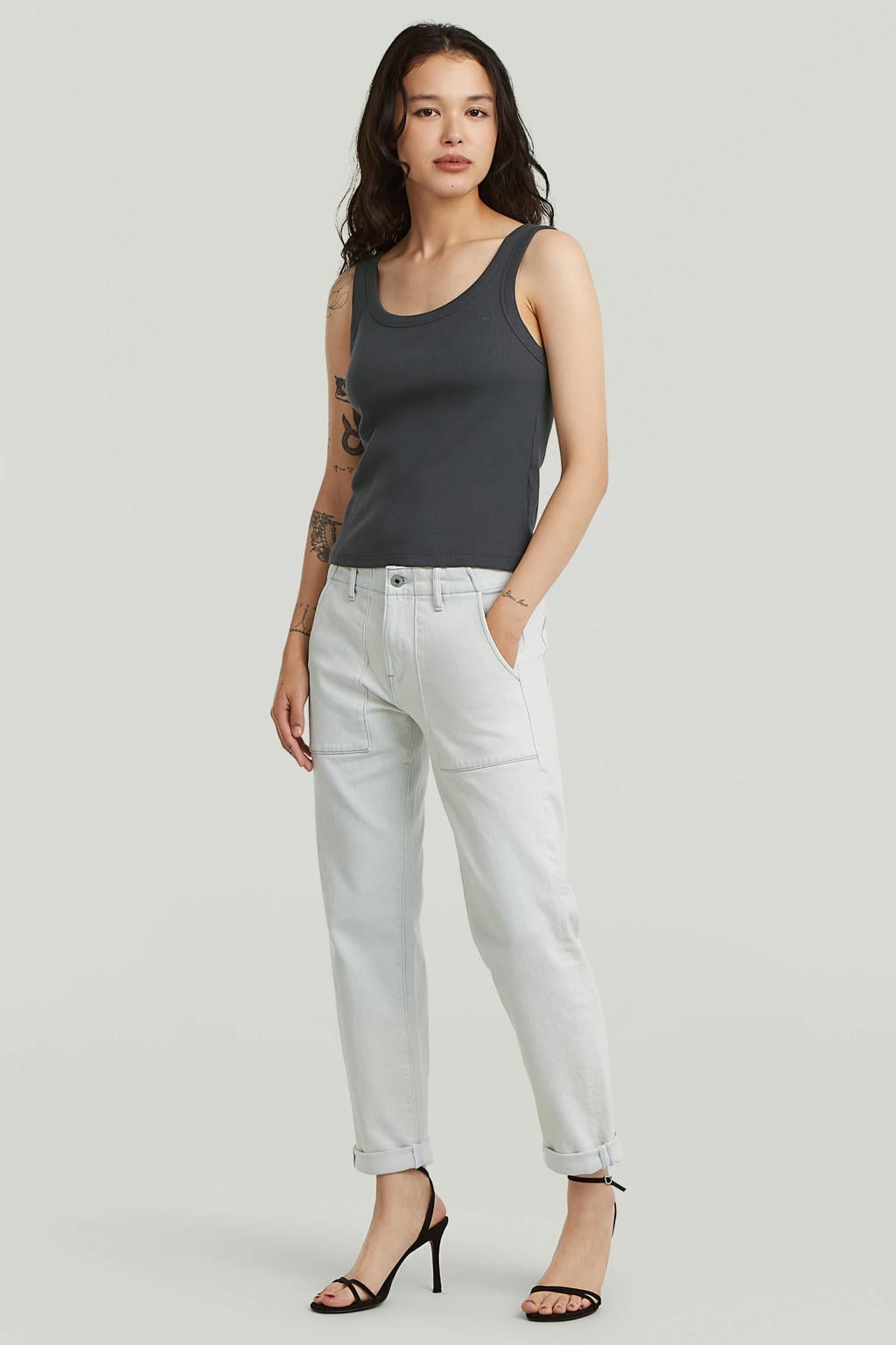Ecru dames G-STAR slim fit jeans van denim met regular waist en effen