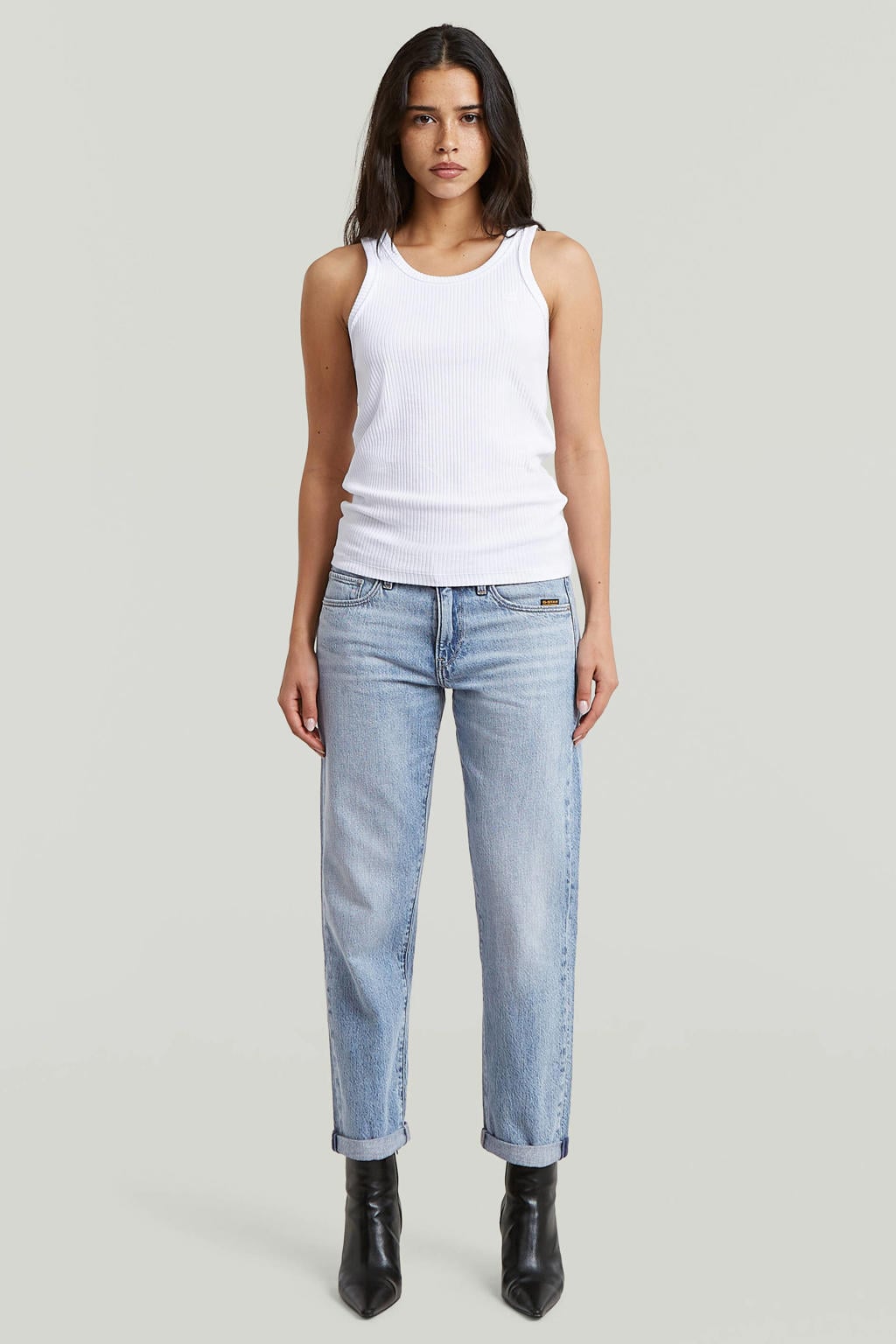 Medium blue denim dames G-STAR Kate low waist boyfriend jeans met rits- en drukknoopsluiting en effen