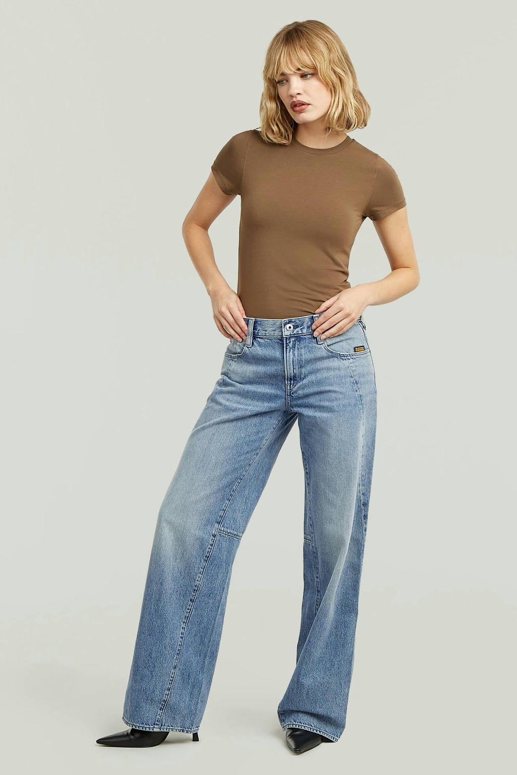 Medium blue denim dames G-STAR low waist loose fit jeans van katoen met rits- en drukknoopsluiting en effen