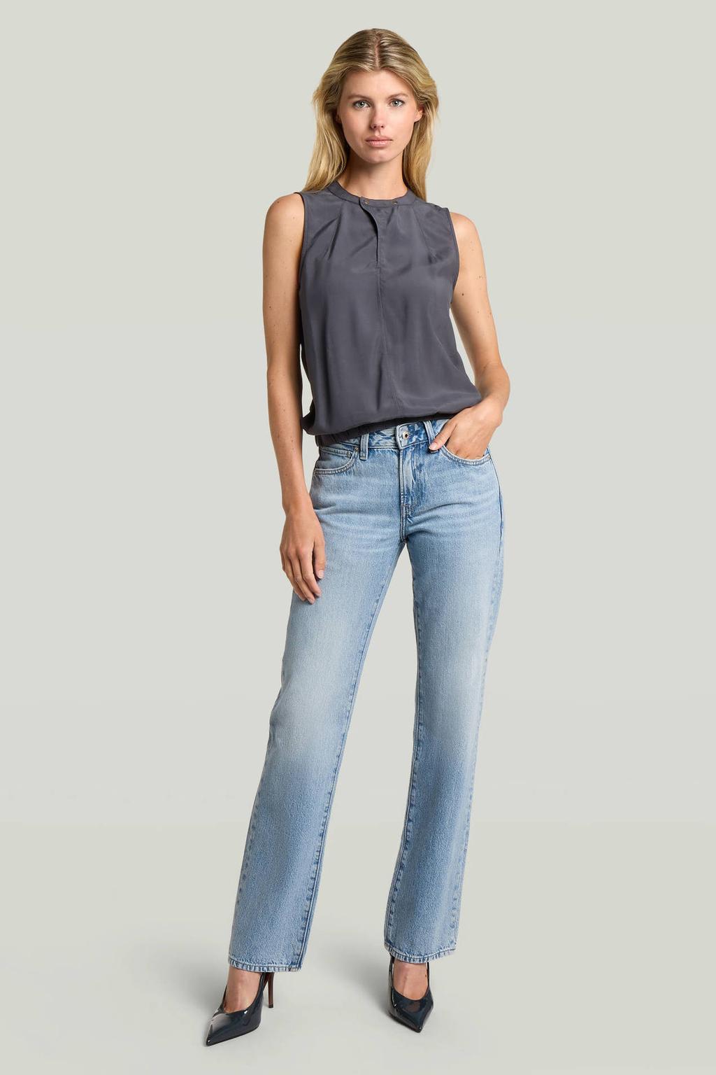 Light blue denim dames G-STAR straight leg jeans van denim met rits- en drukknoopsluiting en effen