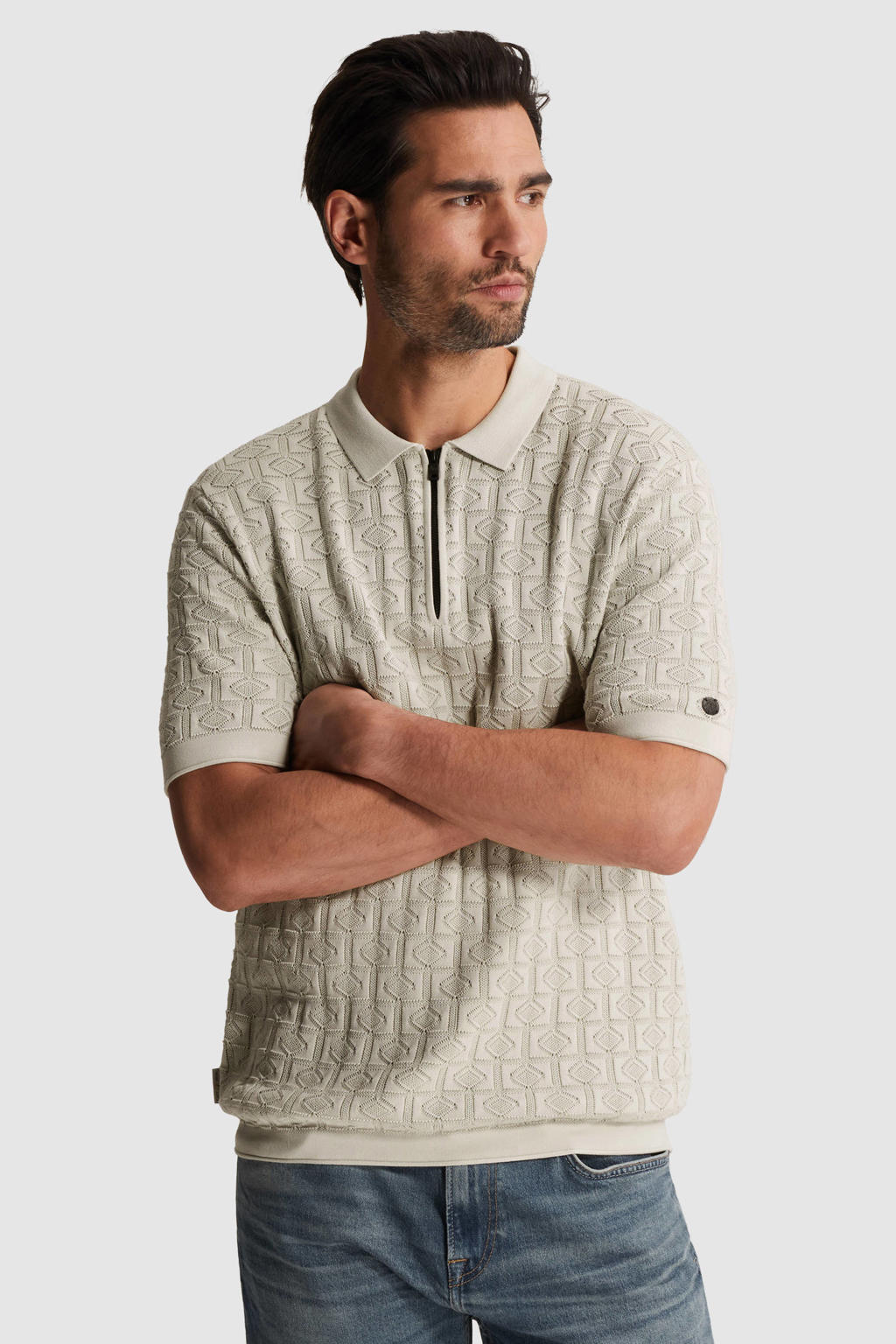 Ecru heren Cast Iron regular polo fijn gebreid van katoen met korte mouwen en halve rits