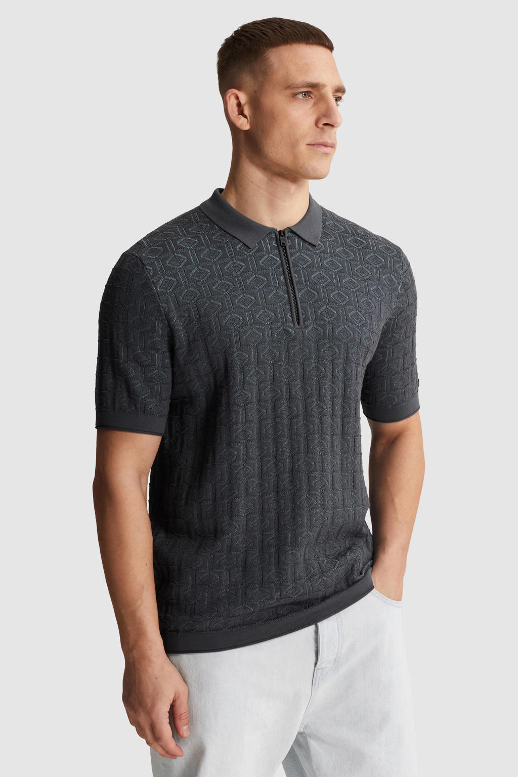 Grijsblauwe heren Cast Iron regular polo fijn gebreid blauw van katoen met korte mouwen en halve rits
