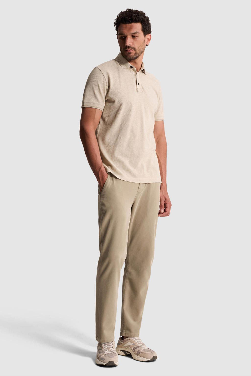 Beige heren Cast Iron slim polo gebreid van katoen met effen en korte mouwen