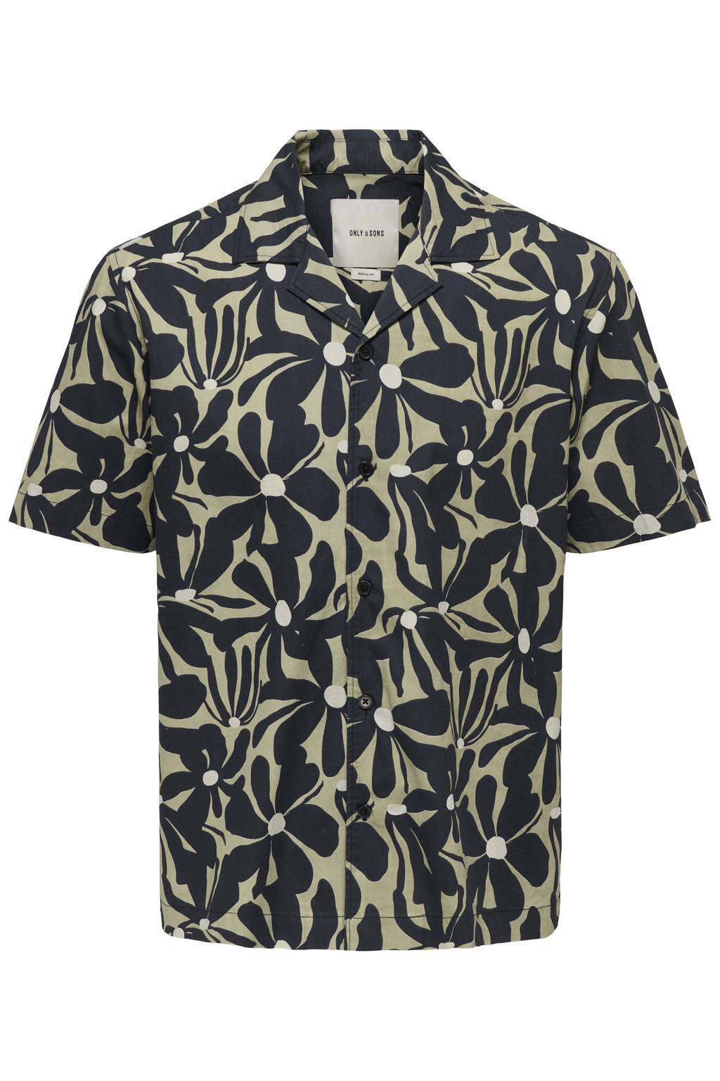 Zwarte heren ONLY & SONS regular casual overhemd van katoen met korte mouwen, reverskraag, knoopsluiting en geweven detail