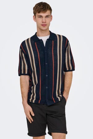 regular gestreept casual overhemd gebreid donkerblauw