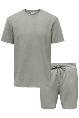 regular T-shirt met short gebreid grijsgroen - (set van 2)