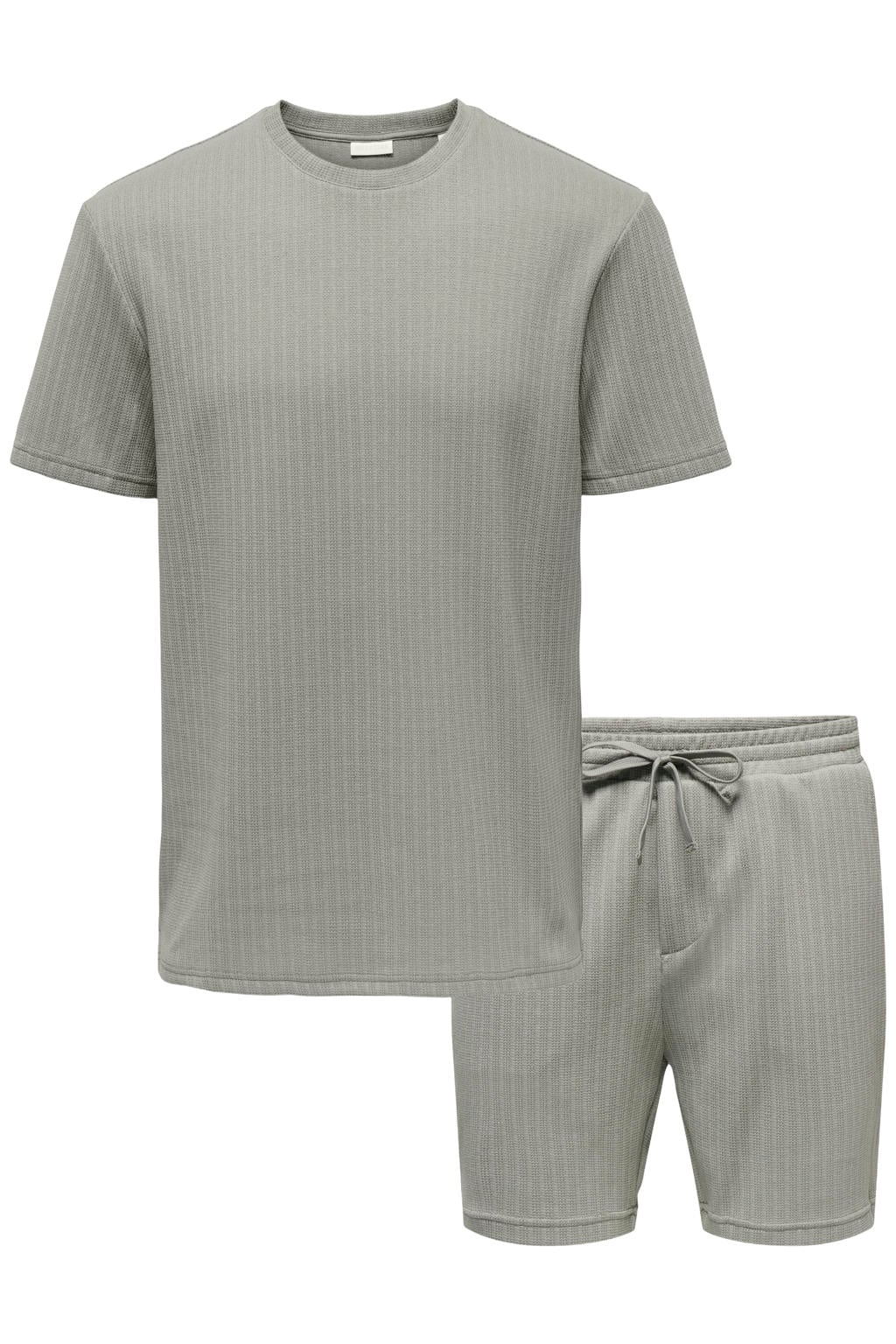 Set van 2 grijsgroene heren ONLY & SONS regular T-shirt gebreid groen van polyester met effen, korte mouwen en elastische tailleband met koord