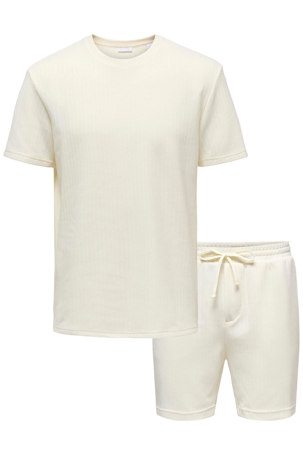 Set van 2 ecru heren ONLY & SONS regular T-shirt gebreid van polyester met effen, korte mouwen, ronde hals en elastische tailleband met koord