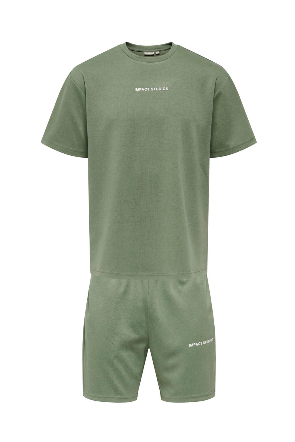 Set van 2 groene heren ONLY & SONS regular T-shirt van polyester met printopdruk, korte mouwen, ronde hals en elastische tailleband