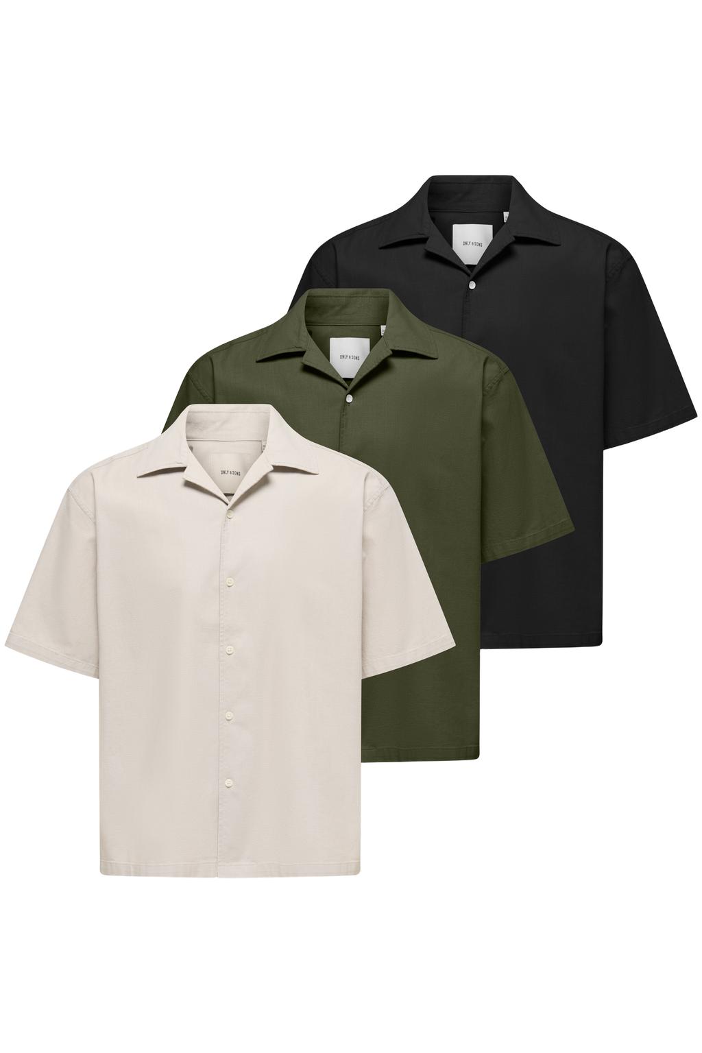 Set van 3 multikleurige heren ONLY & SONS regular casual overhemd van katoen met effen, korte mouwen, reverskraag, knoopsluiting en geweven detail