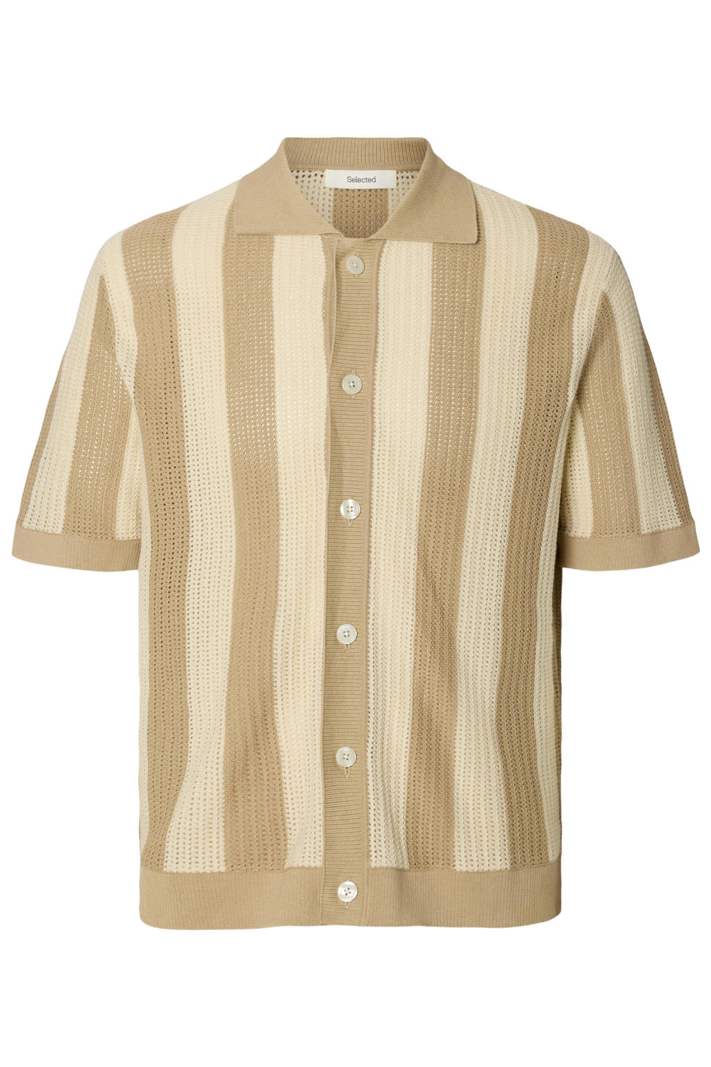Beige heren Selected relaxed gestreept casual overhemd gebreid van katoen met korte mouwen, klassieke kraag en knoopsluiting
