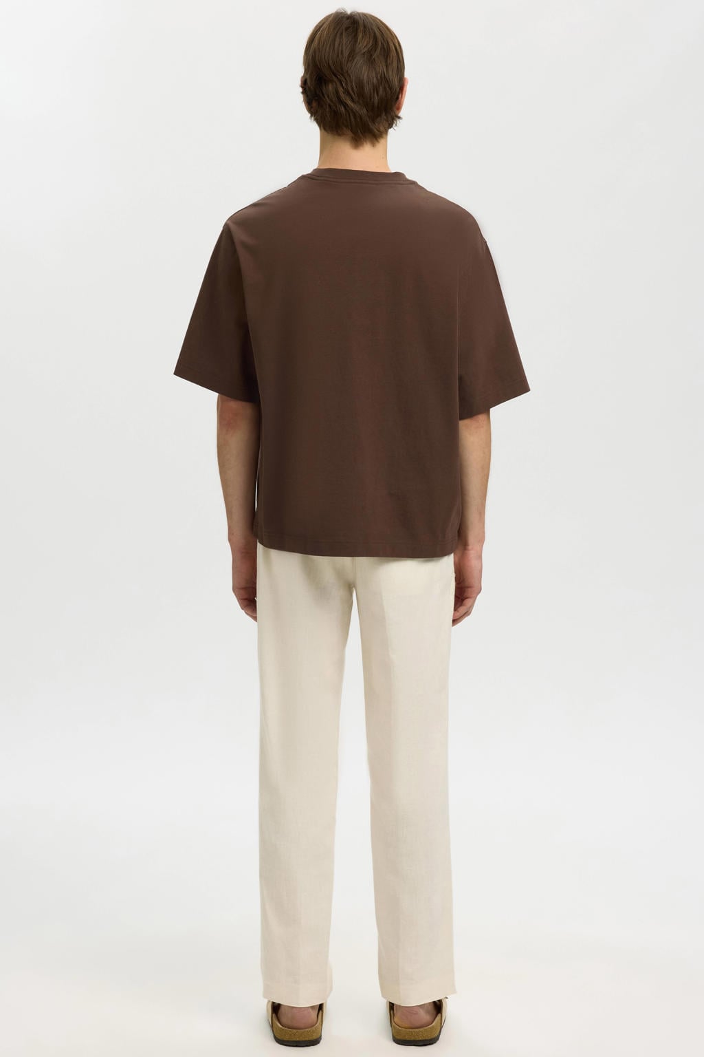 Bruine heren Selected boxy T-shirt van katoen met printopdruk, korte mouwen en ronde hals