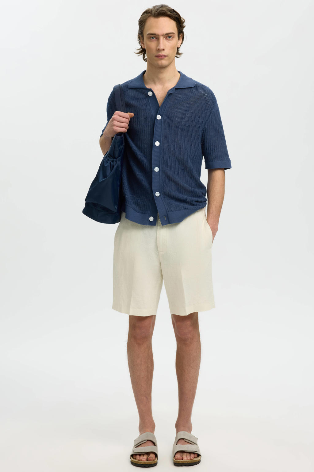 Blauwe heren Selected relaxed casual overhemd gebreid van katoen met effen, korte mouwen, klassieke kraag en knoopsluiting