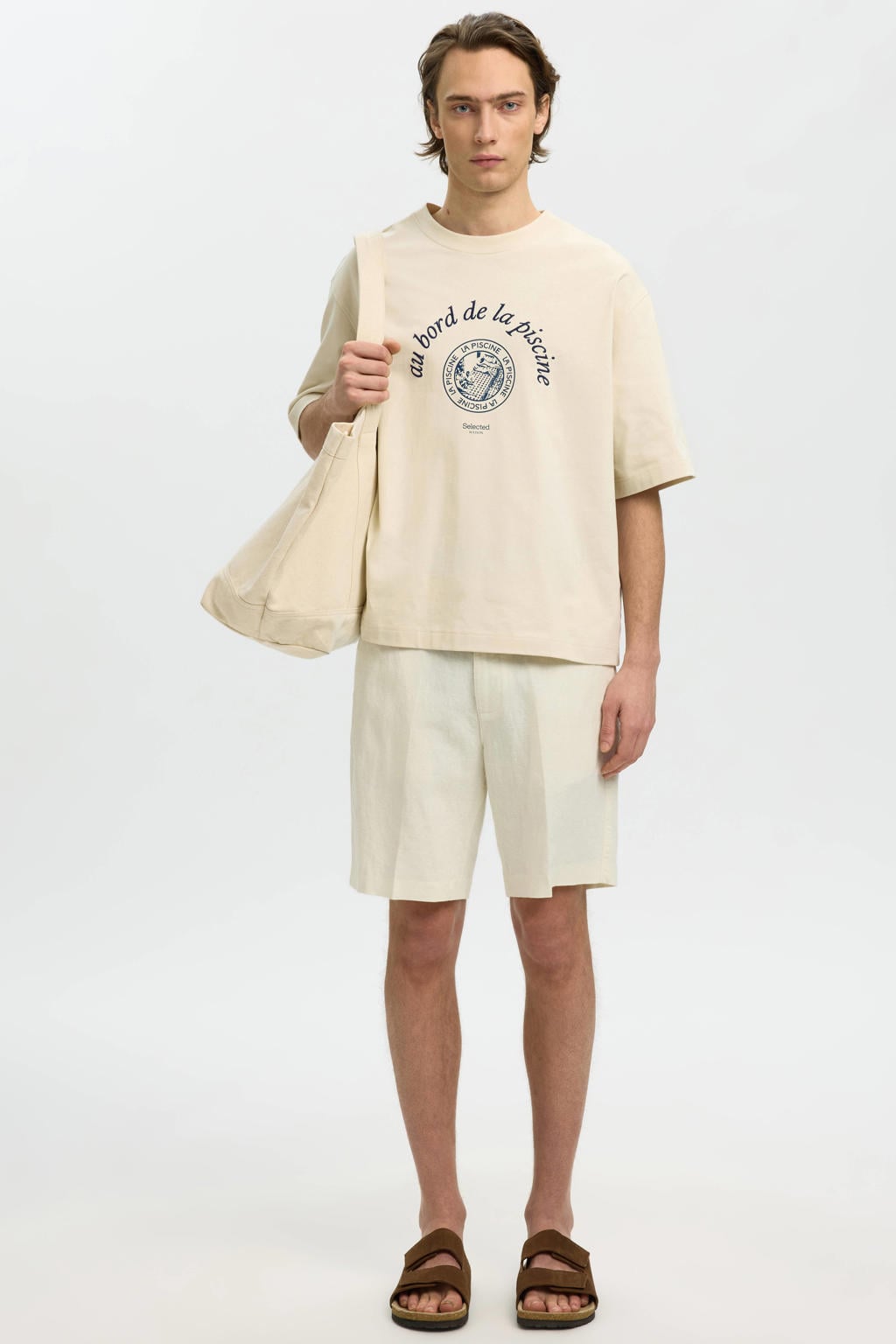 Ecru heren Selected boxy T-shirt van katoen met printopdruk, korte mouwen en ronde hals