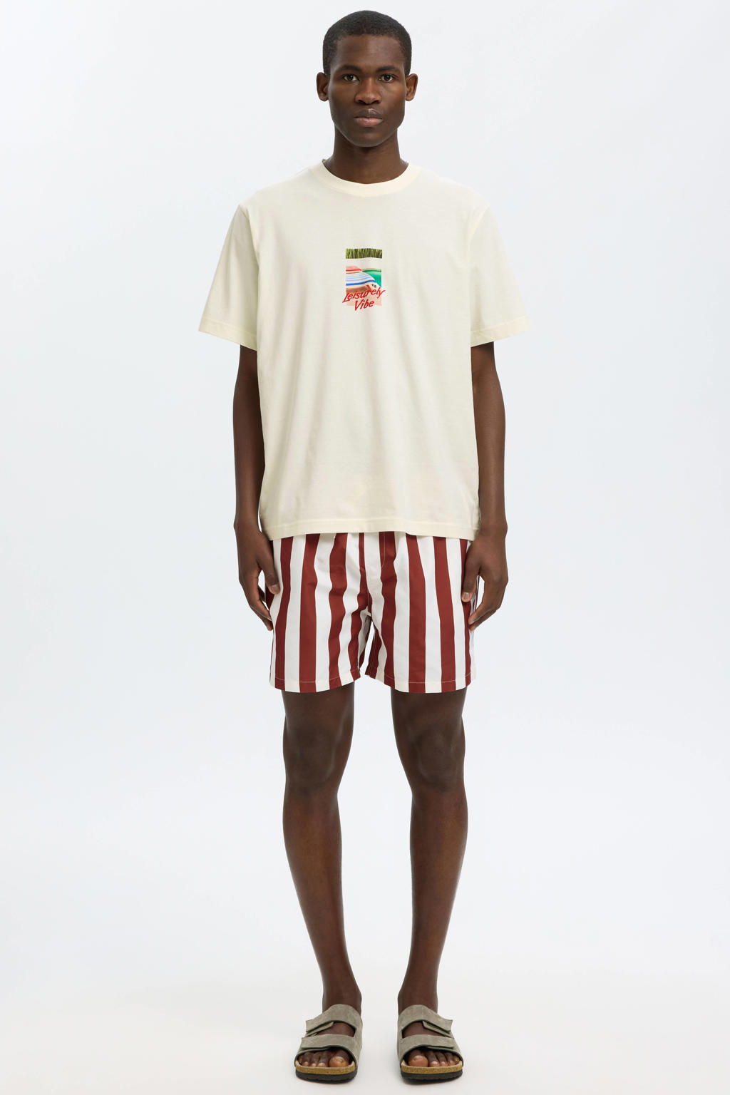 Ecru heren Selected regular T-shirt van katoen met printopdruk, korte mouwen en ronde hals