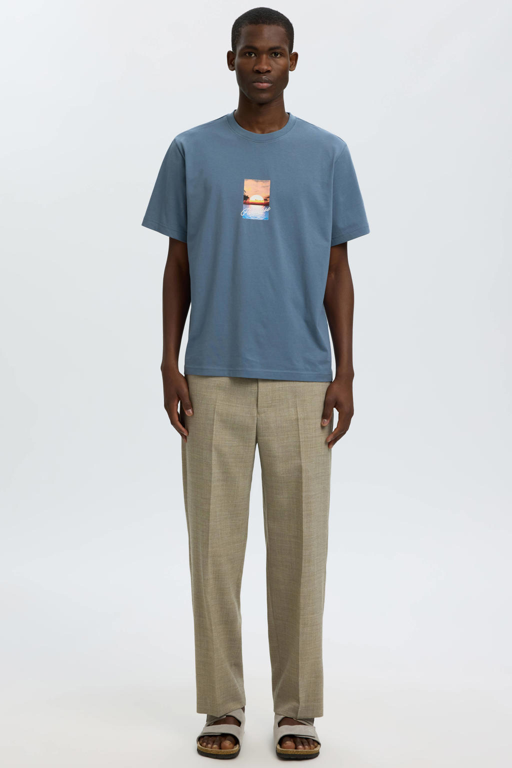 Blauwe heren Selected regular T-shirt van katoen met printopdruk, korte mouwen en ronde hals