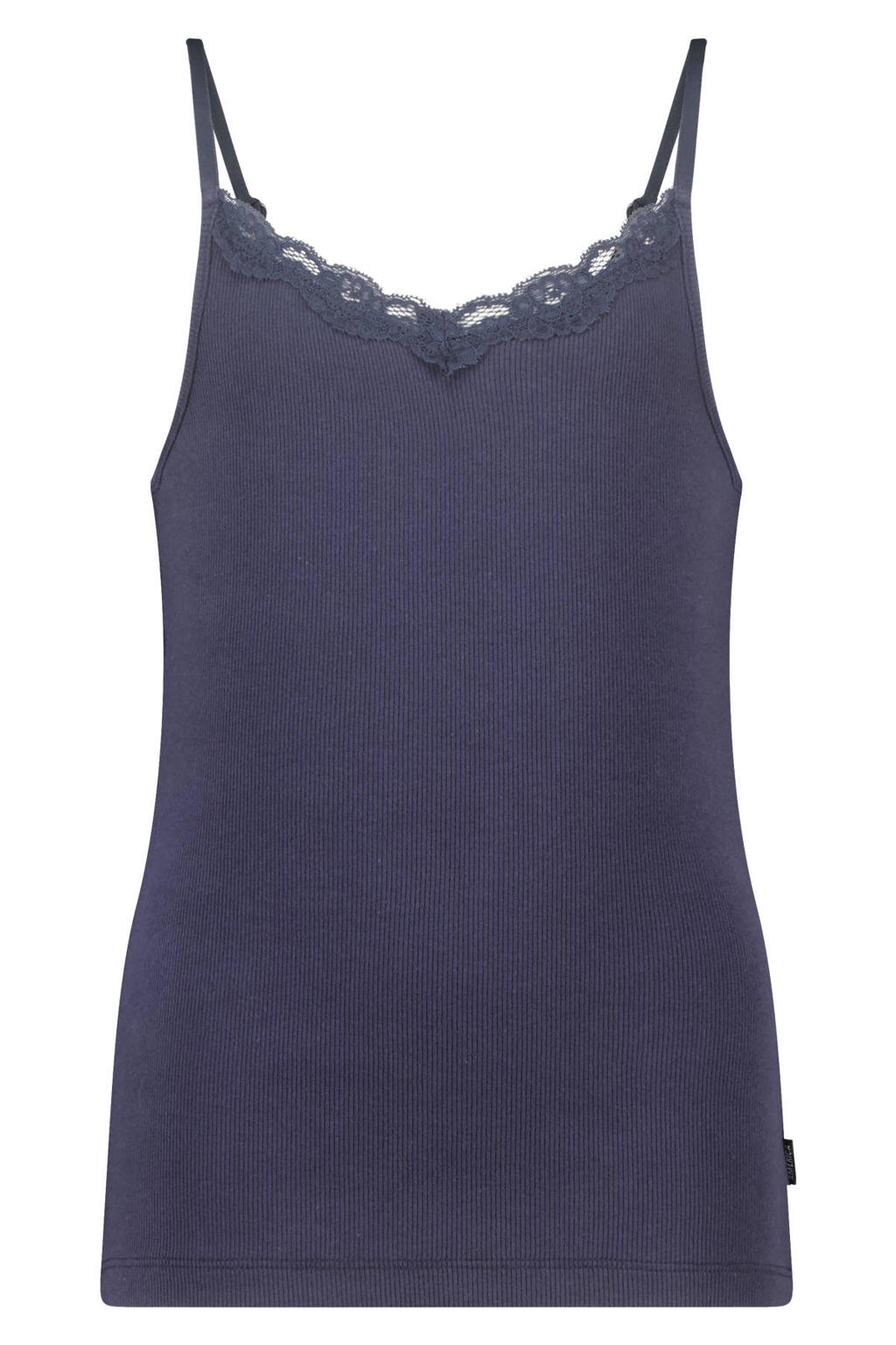 Donkerblauwe meisjes America Today mouwloze top rib gebreid met effen, spaghettibandjes, V-hals en kant