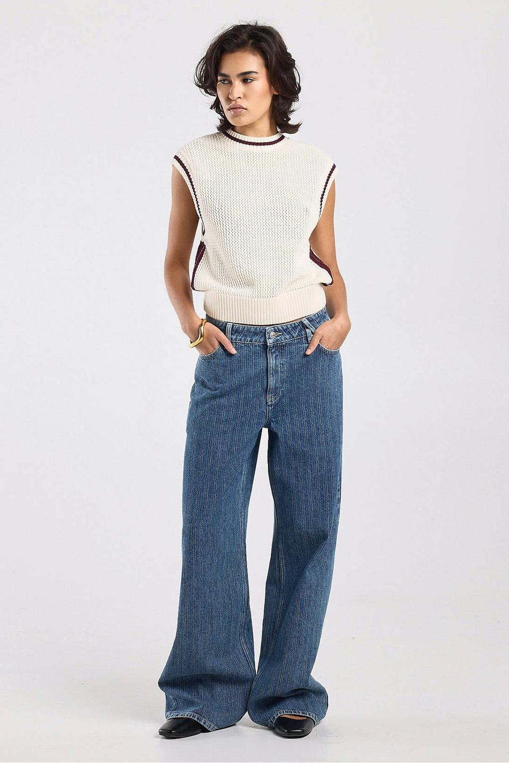 Blauwe dames America Today wide leg jeans van denim met rits- en knoopsluiting en effen