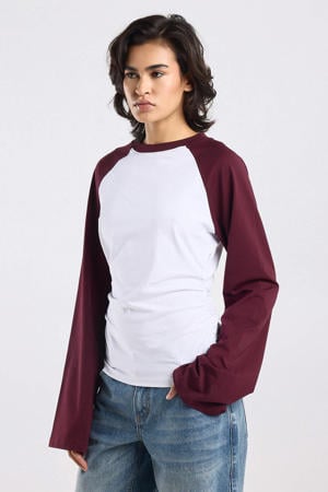 katoenen longsleeve met plooien - donkerrood