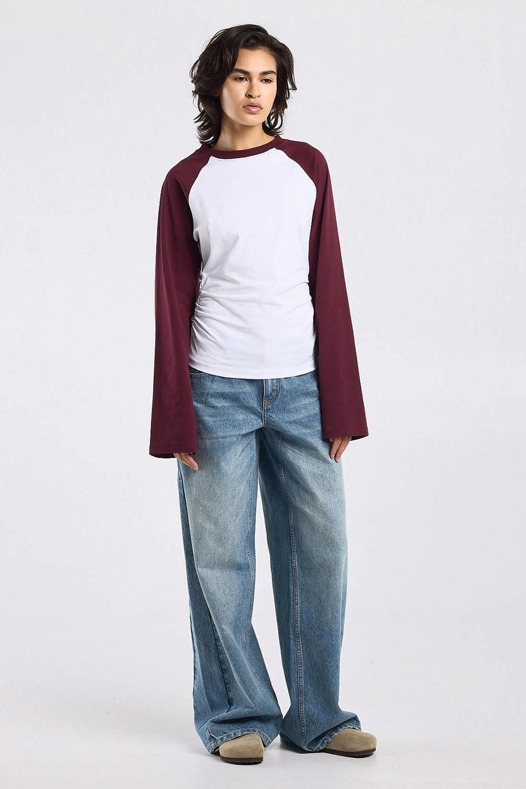 Donkerrood en witte dames America Today katoenen longsleeve met lange mouwen, ronde hals en plooien