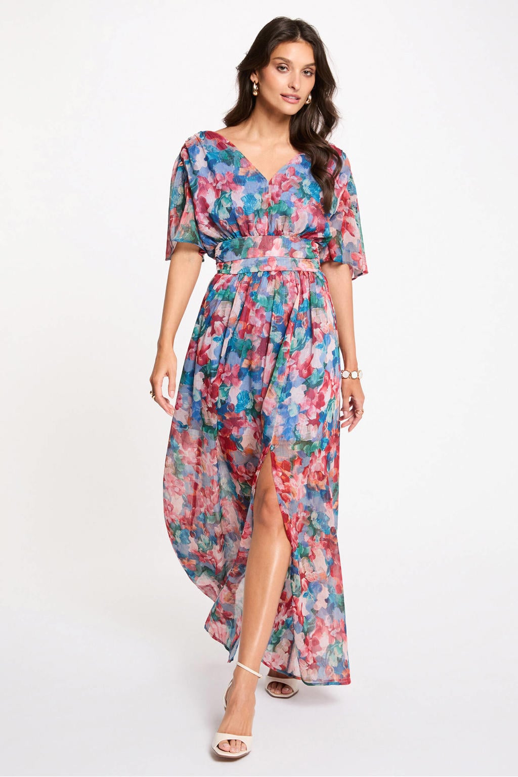 Blauw en roze dames Morgan maxi jurk van polyester met korte mouwen, V-hals, ritssluiting en plooien