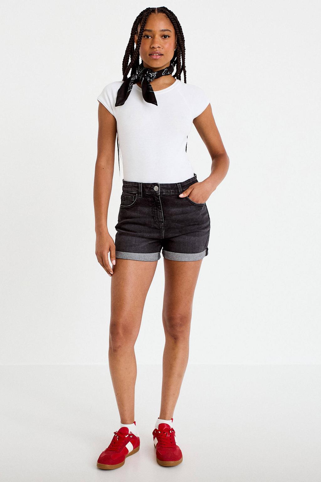 Black denim dames Cache Cache regular waist short van denim met rits- en knoopsluiting en effen