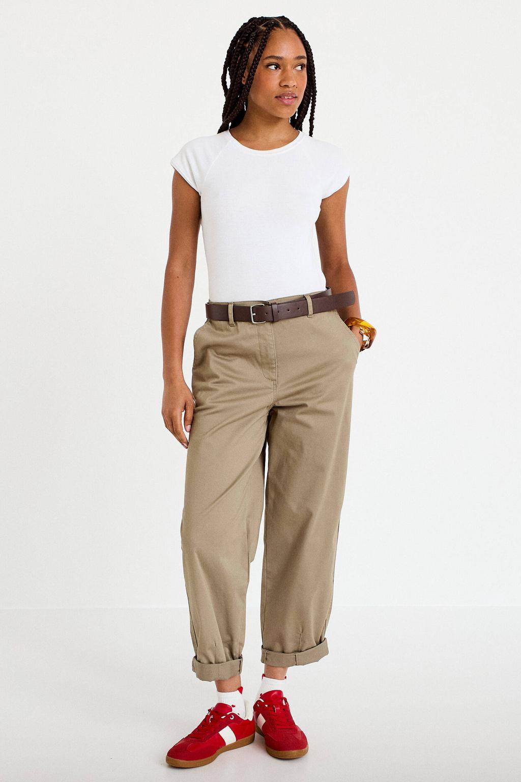 Grijsgroene dames Cache Cache straight regular waist cropped broek groen van katoen met rits- en knoopsluiting en effen