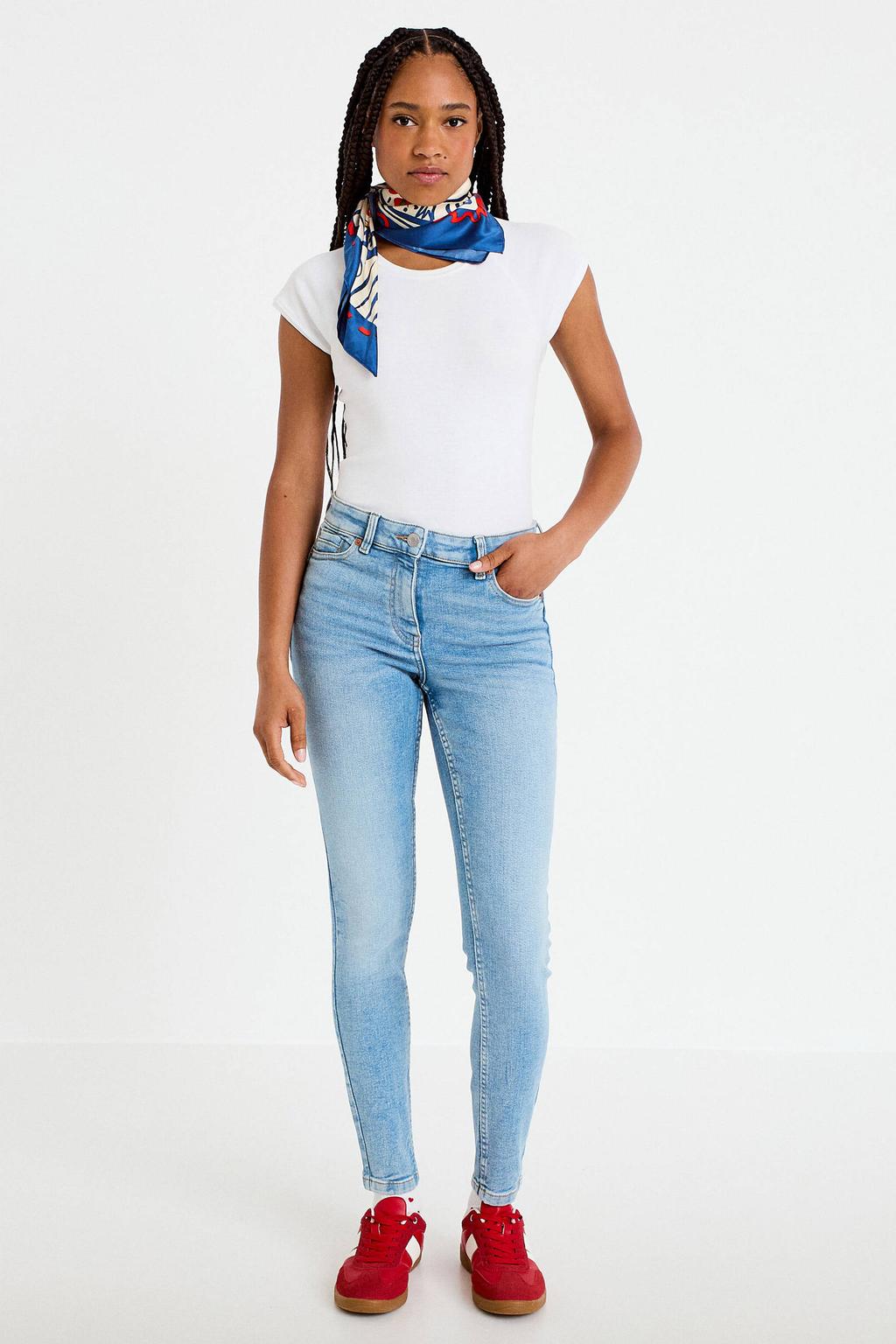 Light blue denim dames Cache Cache skinny jeans van denim met regular waist, rits- en knoopsluiting en effen