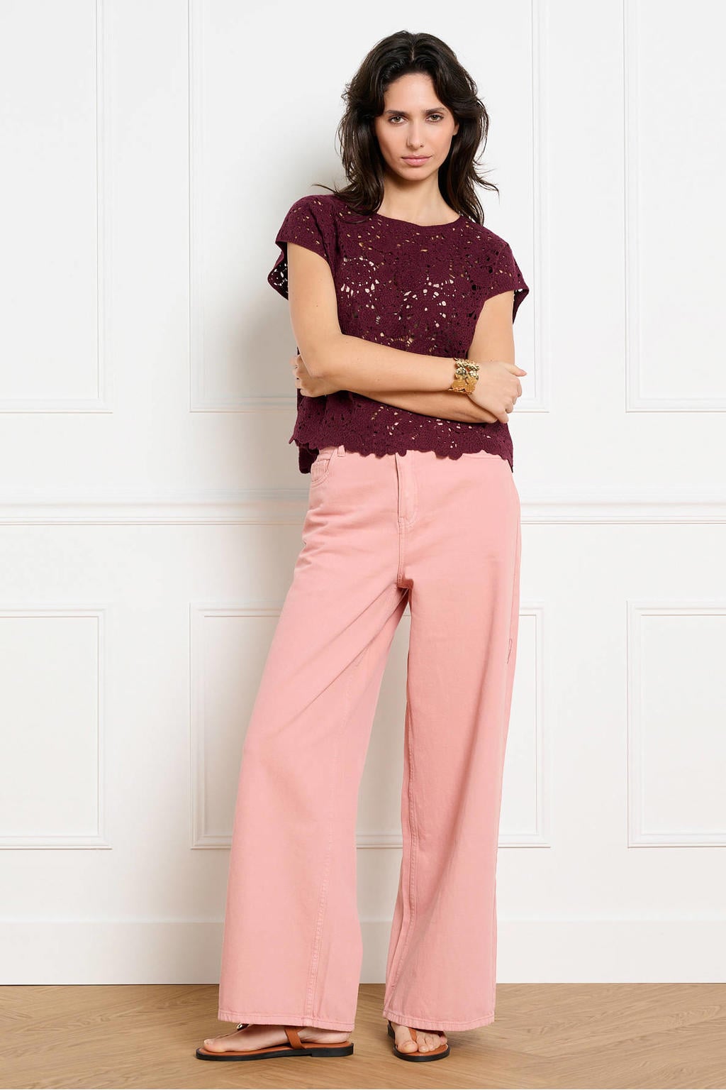 Donkerrode dames LOLALIZA top crochet met effen, korte mouwen en boothals