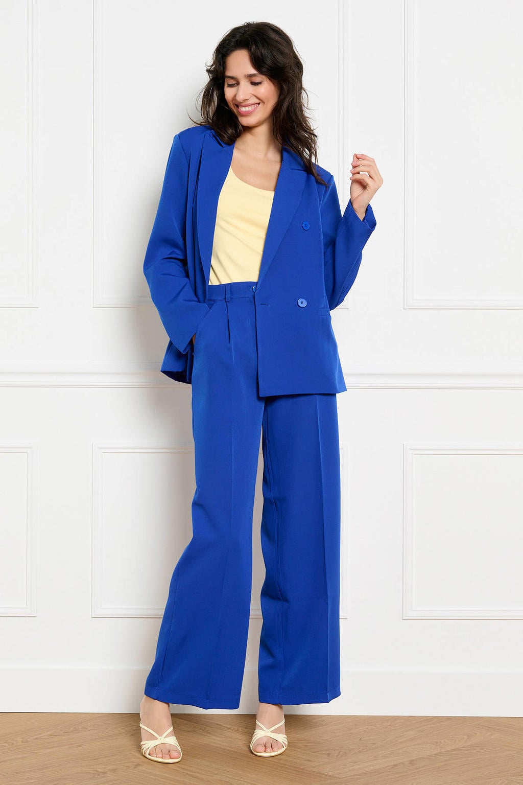 Blauwe dames LOLALIZA wide leg regular waist broek met rits- en knoopsluiting en effen