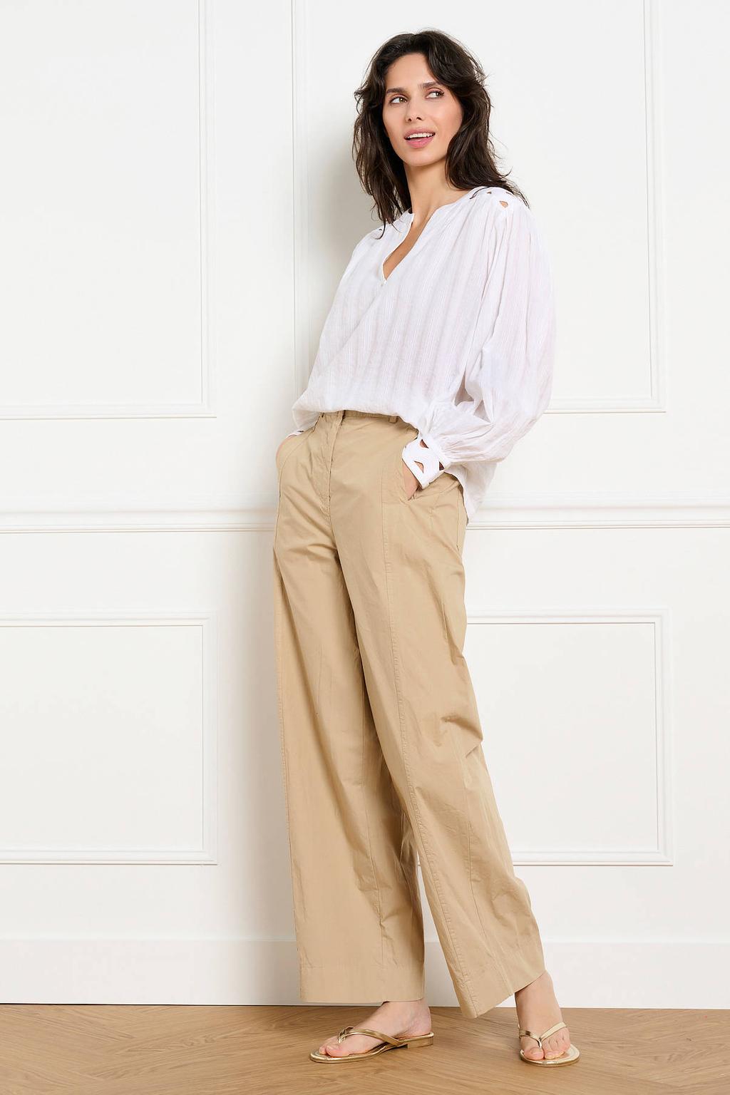 Beige dames LOLALIZA wide leg regular waist broek van katoen met rits- en knoopsluiting en effen