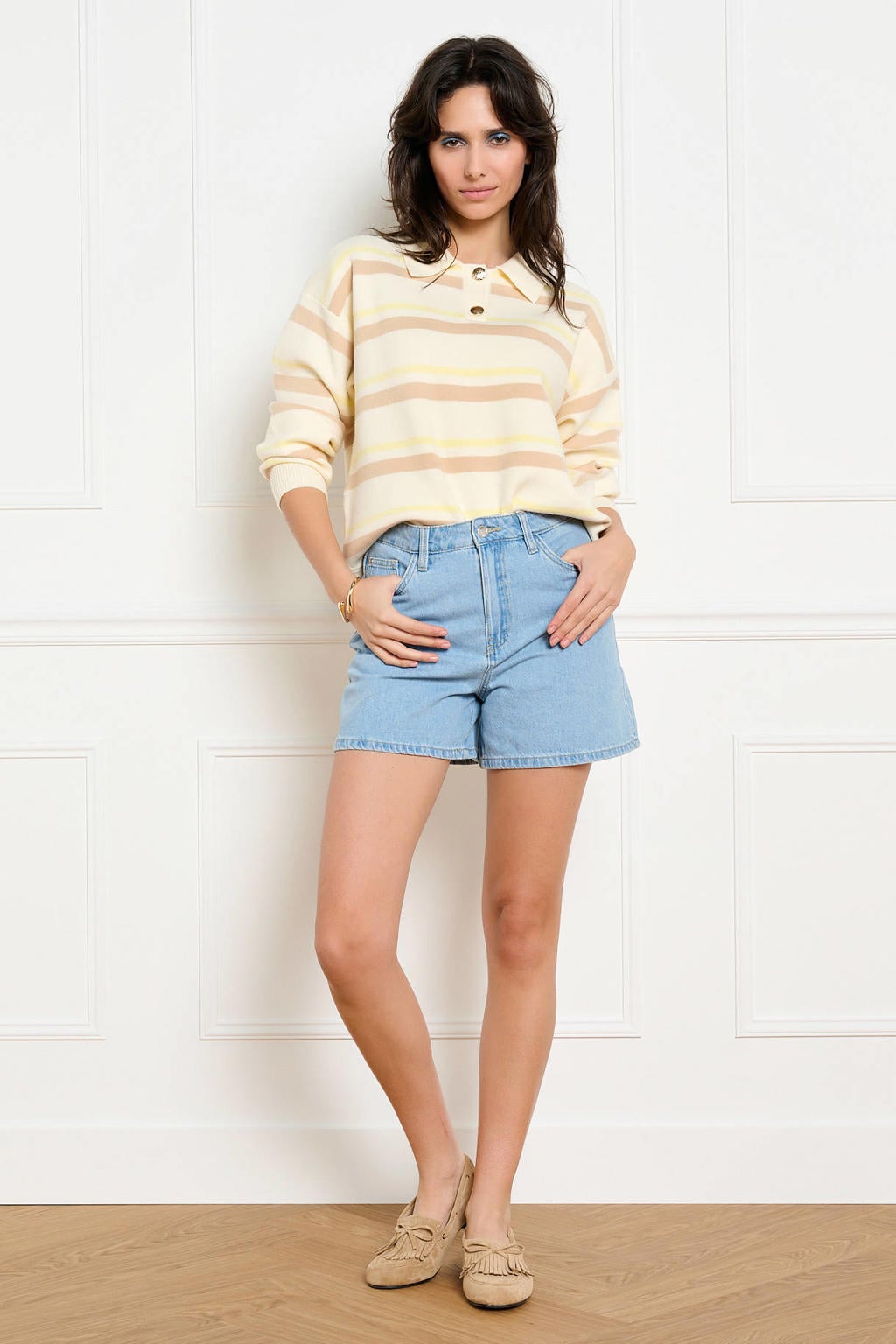 Light blue denim dames LOLALIZA straight regular waist gestreepte short van denim met rits- en knoopsluiting