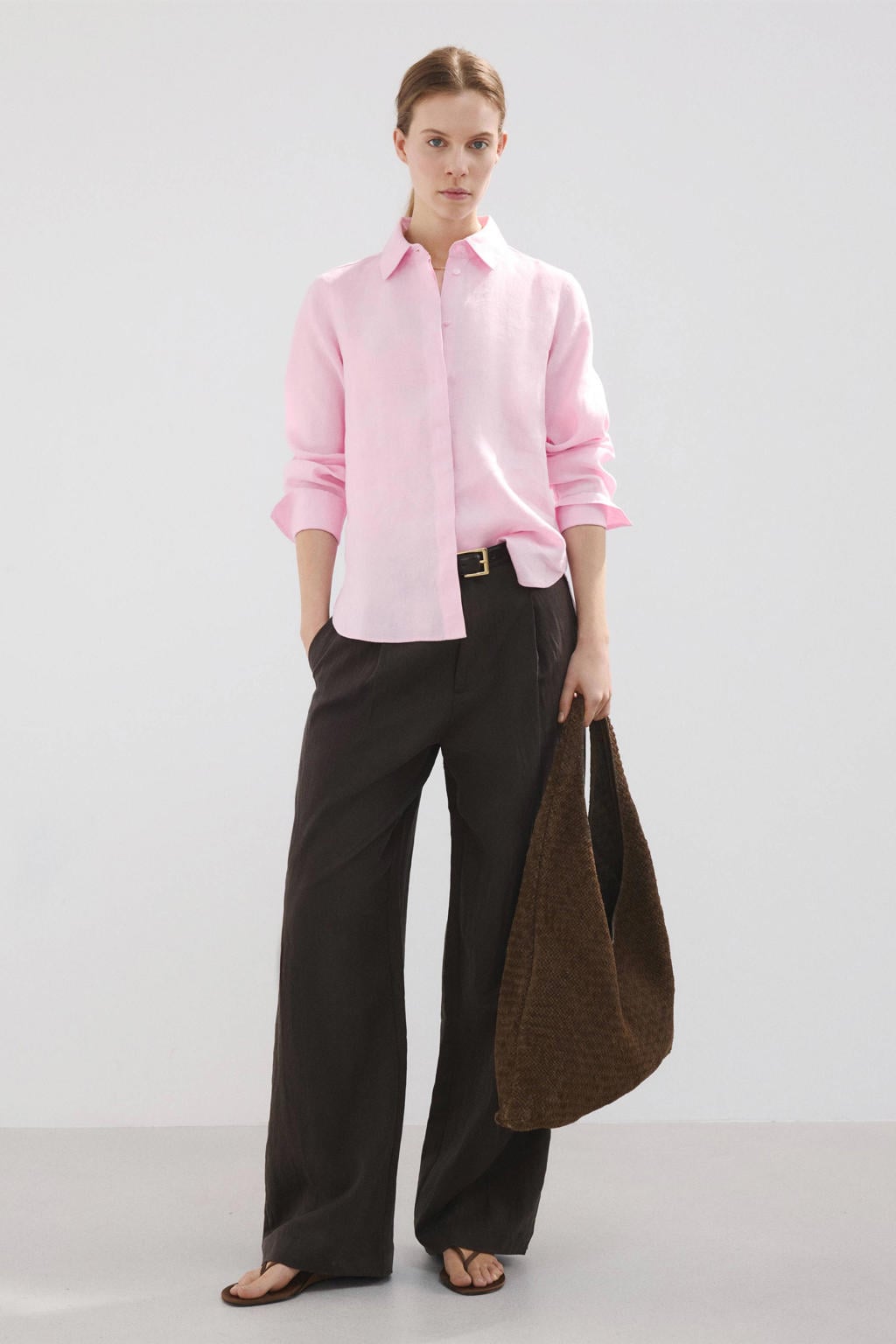 dames Mango linnen blouse met effen, lange mouwen, klassieke kraag en knoopsluiting