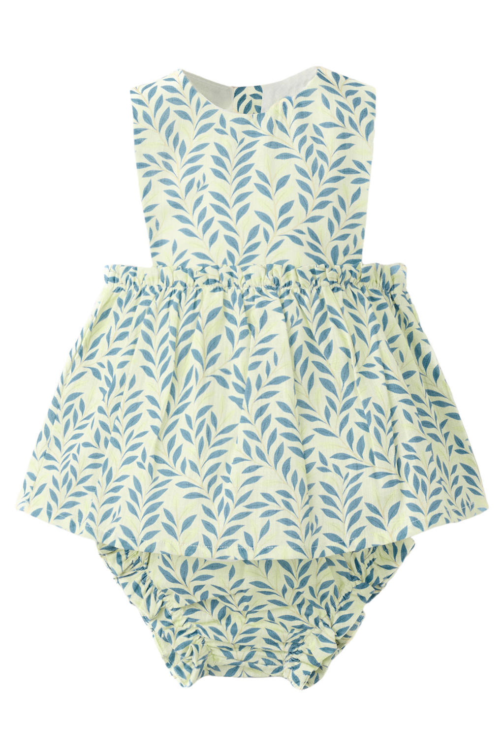 Lichtgeel en blauwe meisjes Mango Kids jurk bloomer van katoen met ronde hals en knoopsluiting