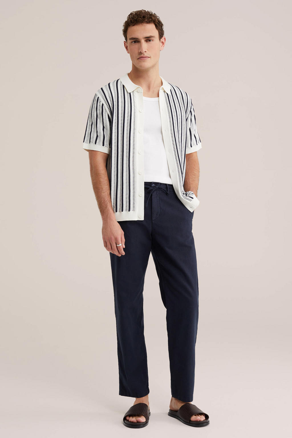 WE Fashion regular gestreept casual overhemd gebreid ecru