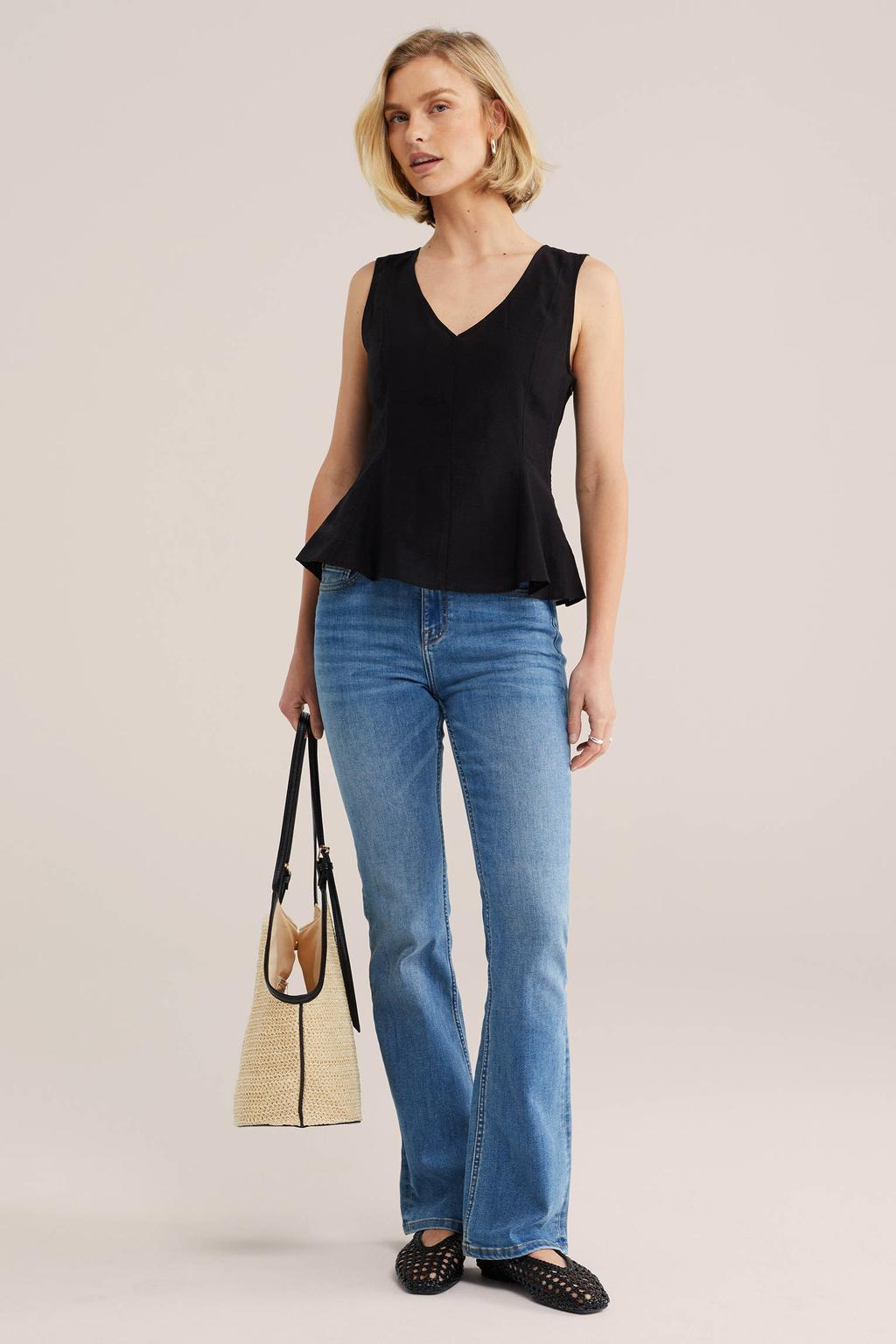 Zwarte dames WE Fashion peplum top van viscose met effen en V-hals