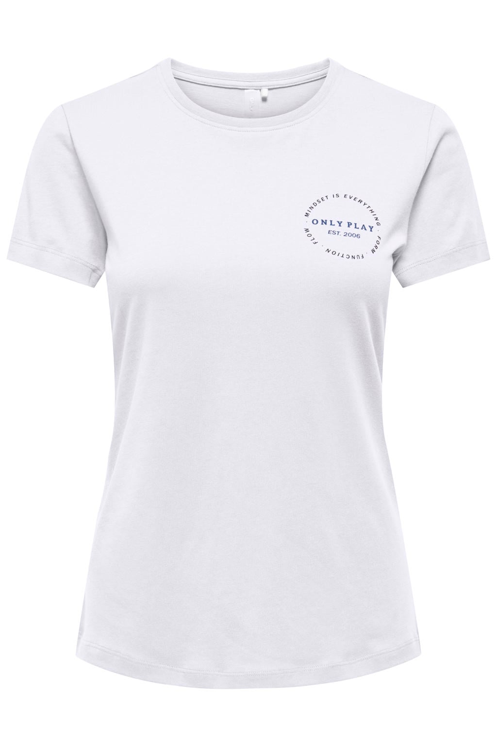 Witte dames ONLY PLAY sportshirt van katoen met printopdruk, korte mouwen en ronde hals