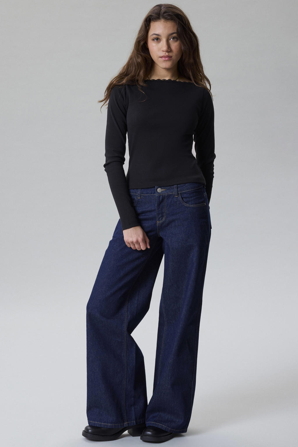 Dark blue denim meisjes LMTD low wide leg jeans van denim met rits- en knoopsluiting en effen