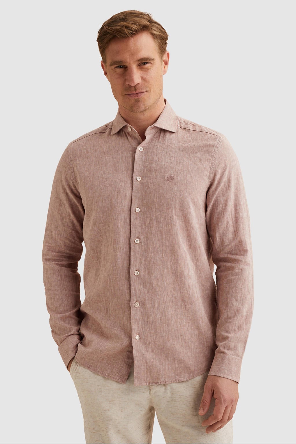 Oudroze heren Vanguard regular casual overhemd van linnen met melée print, lange mouwen, klassieke kraag en knoopsluiting