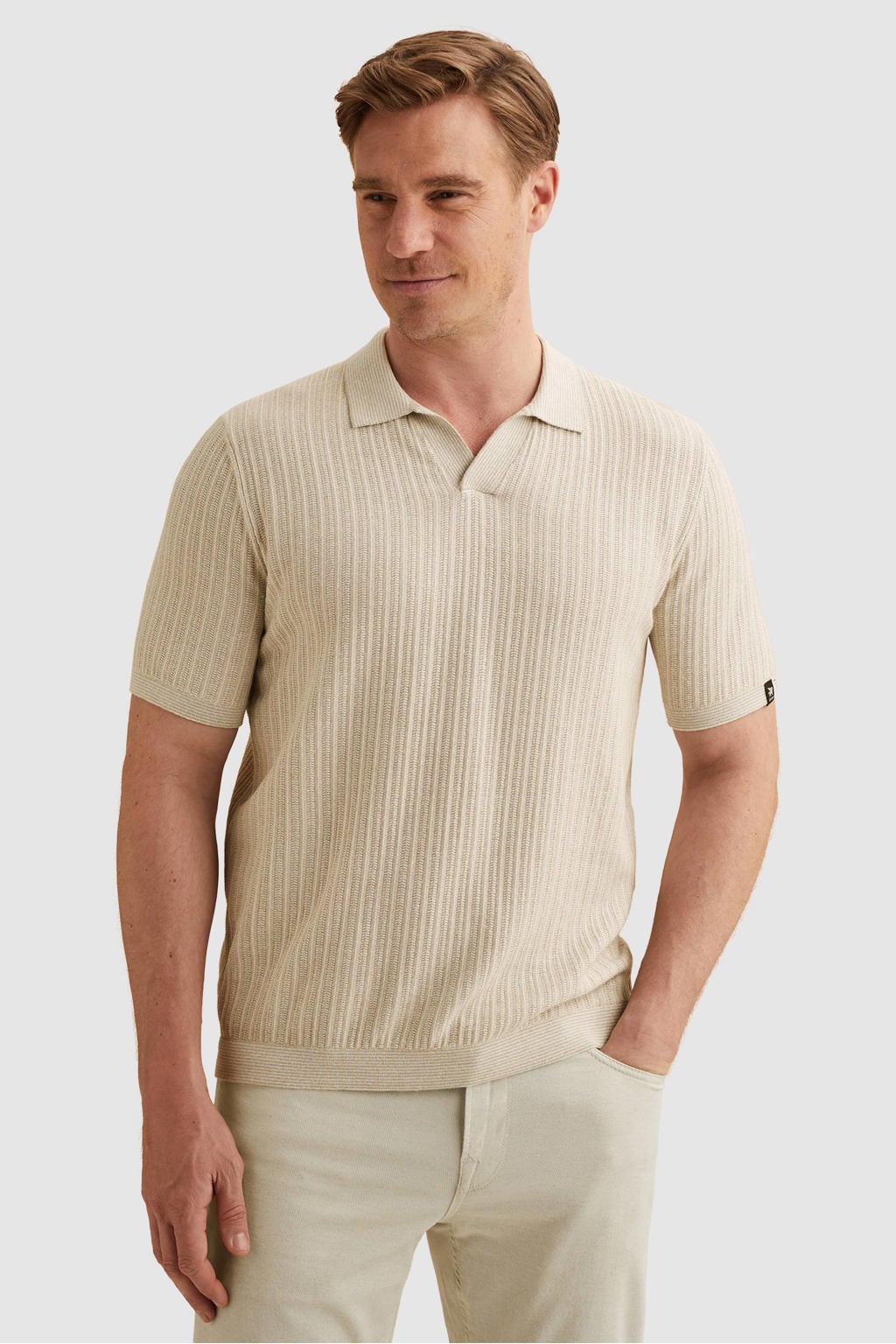 Beige heren Vanguard regular polo gebreid van linnen met effen en korte mouwen