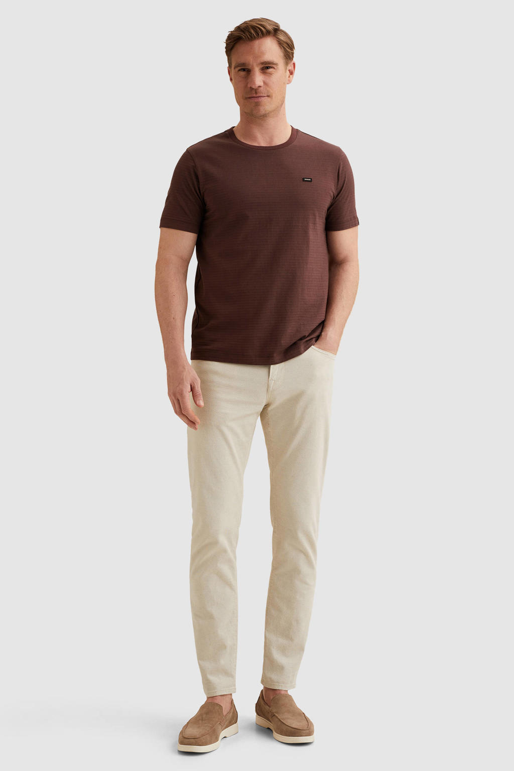 Roodbruine heren Vanguard regular gestreept T-shirt bruin van katoen met korte mouwen en ronde hals
